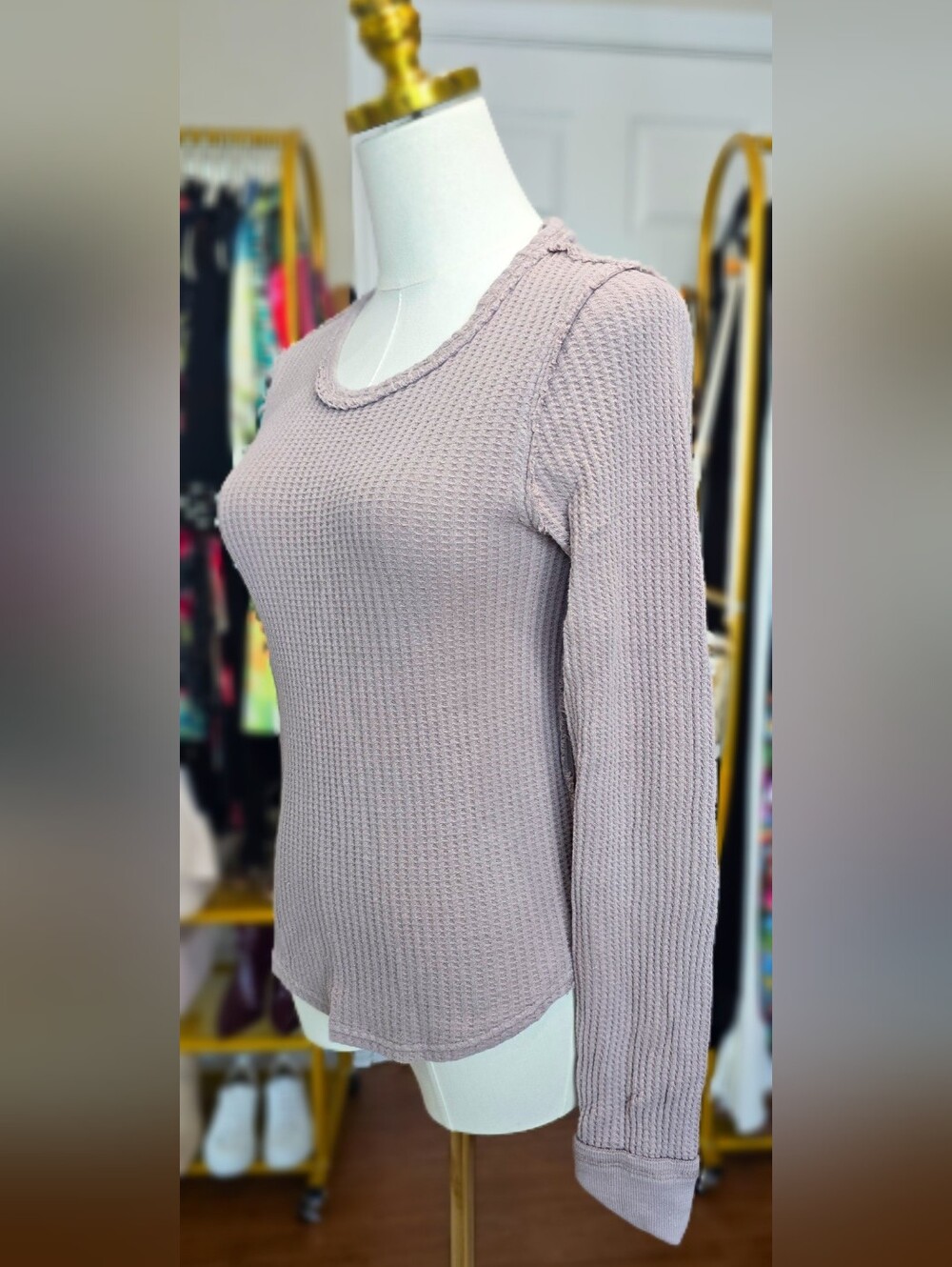 Free People Long Sleeve Ribbed Knit Top - Dusty Mauve Size S - Picture 5 of 6